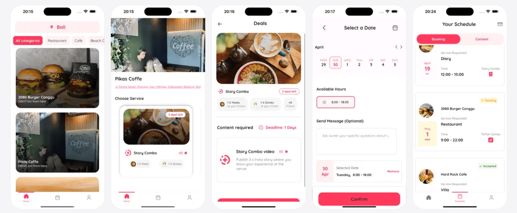 Claris Influencer app showing venue discovery, deal selection, and booking schedule