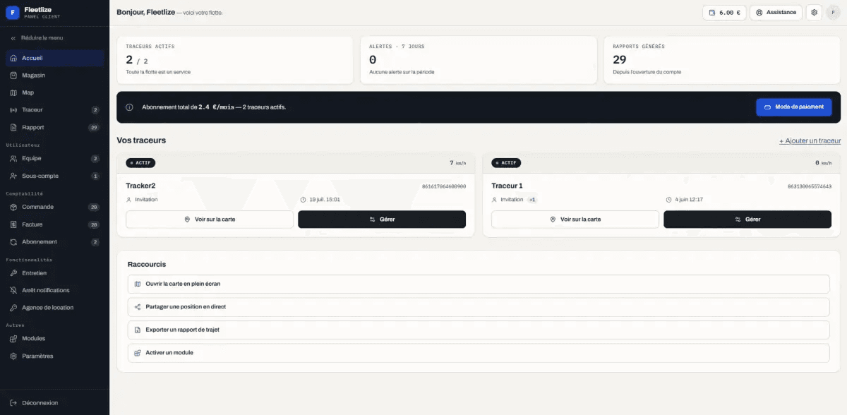 Fleetlize dashboard showing live tracker status, alerts, and quick actions
