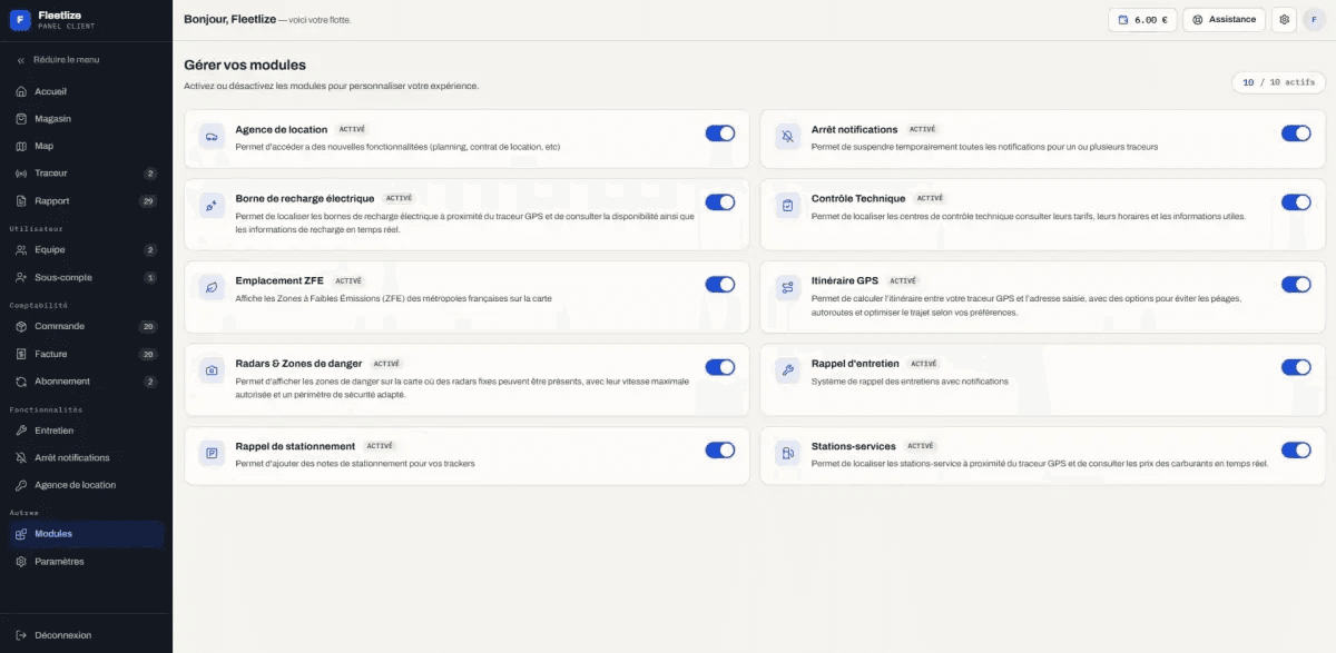 Feature module toggles for alerts, geofencing, and maintenance reminders