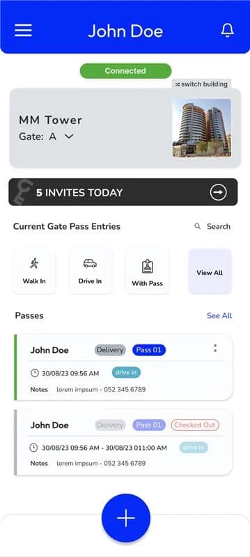 MyGatePass guard app dashboard showing today's gate pass entries