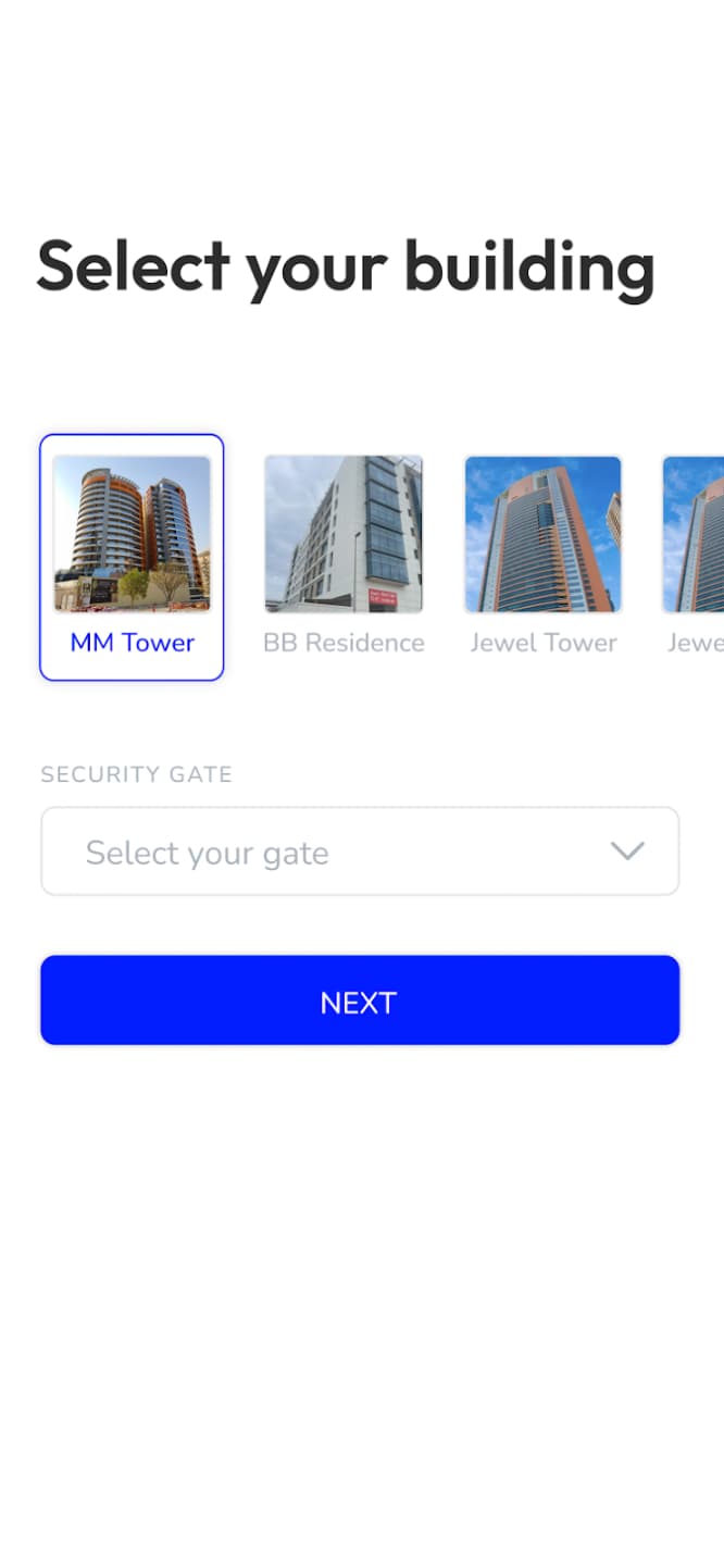 MyGatePass building and security gate selection screen