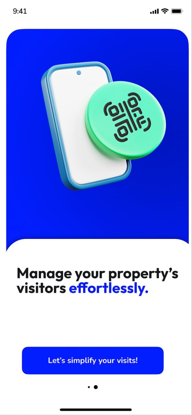 MyGatePass resident app onboarding screen showing QR code scanning to manage visits