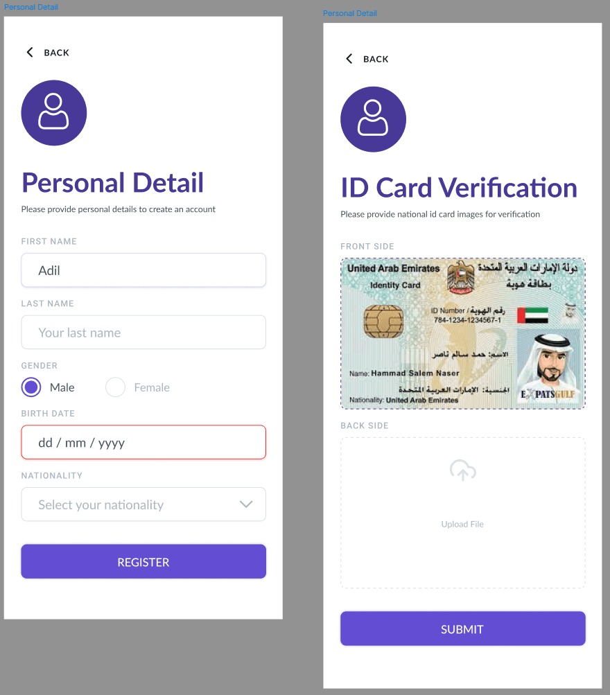 MyGatePass personal detail registration and Emirates ID verification screens