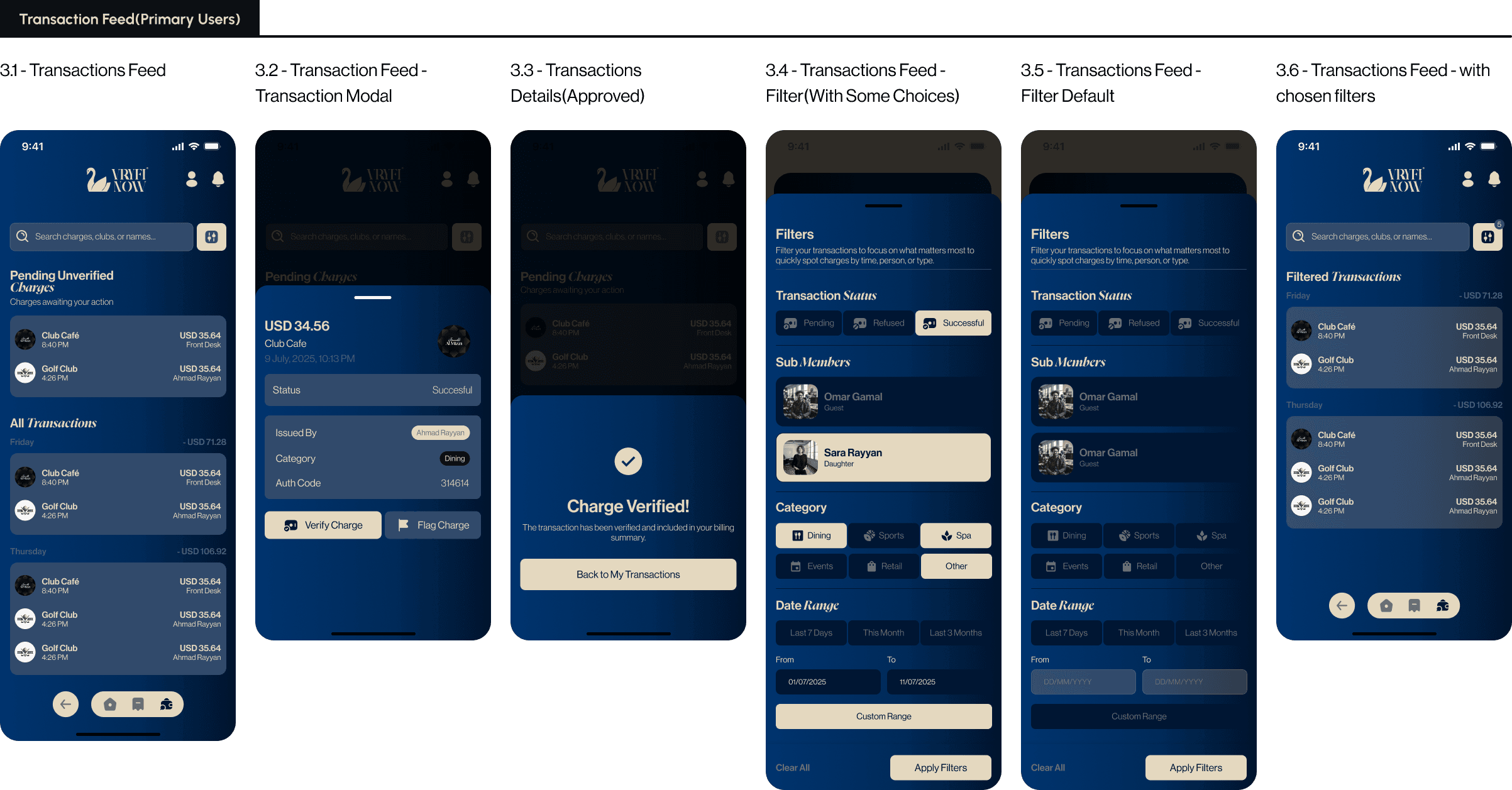 Transaction feed with date and venue filters